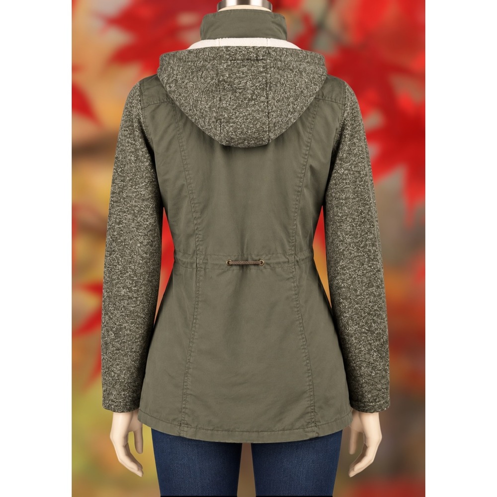 Yoki Sz L Outerwear Olive Green Utility Field Jacket Knit Sleeves Hooded - Picture 3 of 5